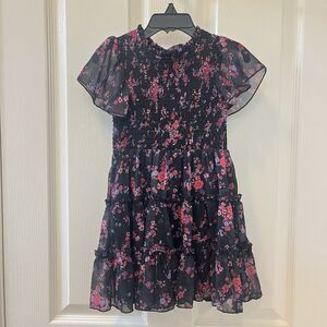 Zunie Metallic Floral Flutter Sleeve Smocked Dress Black Pink Girls Size 4 NWT